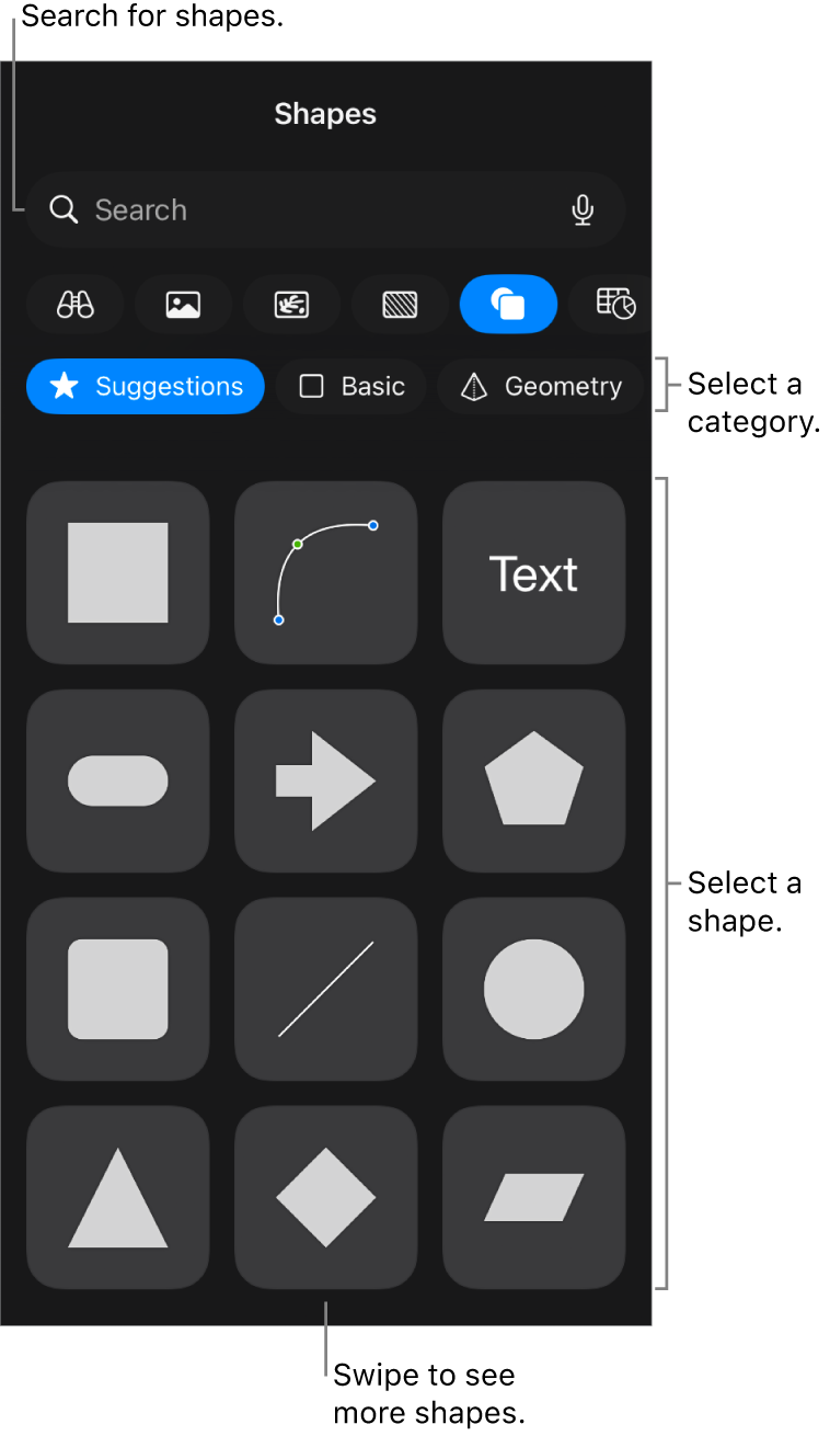 The shapes library, with categories at the top and shapes displayed below. You can use the search field at the top to find shapes and swipe to see more.