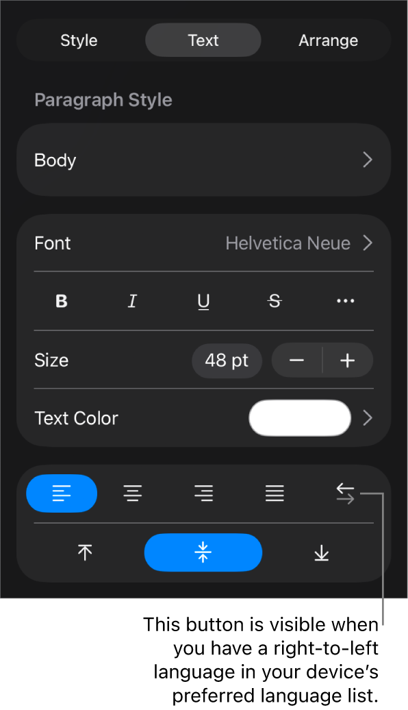 Text controls in the Format menu, with a callout to the Left to Right button.
