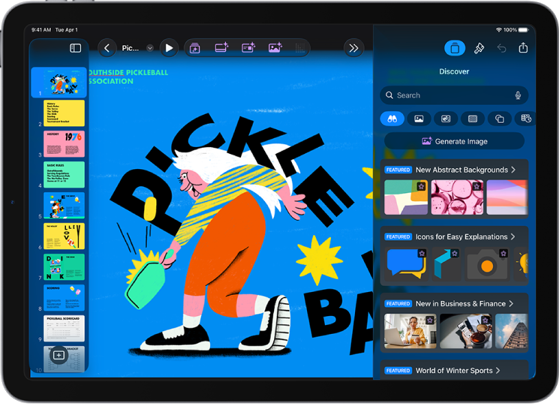 The Discover category of the Content Hub showing options to generate an image or add premium images to a slide.