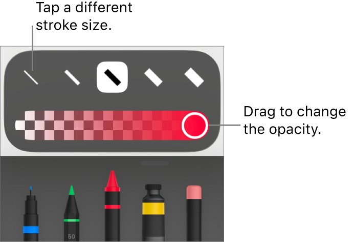 Controls for choosing a stroke size and a slider for adjusting the opacity.