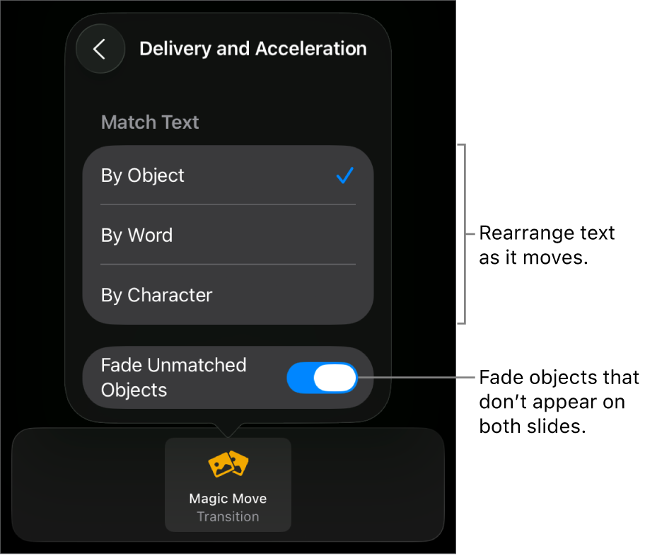 Magic Move delivery and acceleration options in the Acceleration pane.