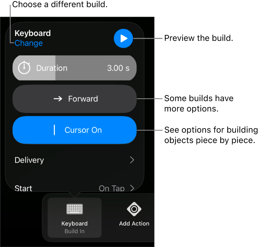 Build options include Duration, Delivery, and Start timing. Tap Change to choose a different build, or tap Preview to preview the build.