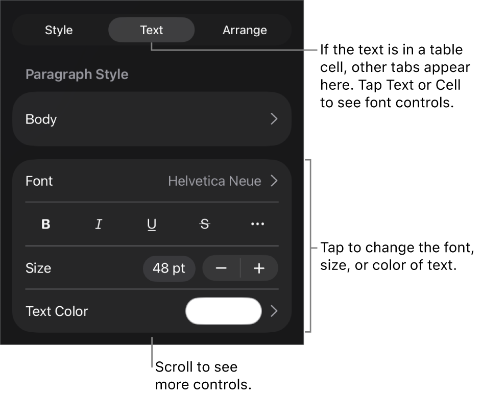 Text controls in the Format menu for setting paragraph and character styles, font, size, and color.