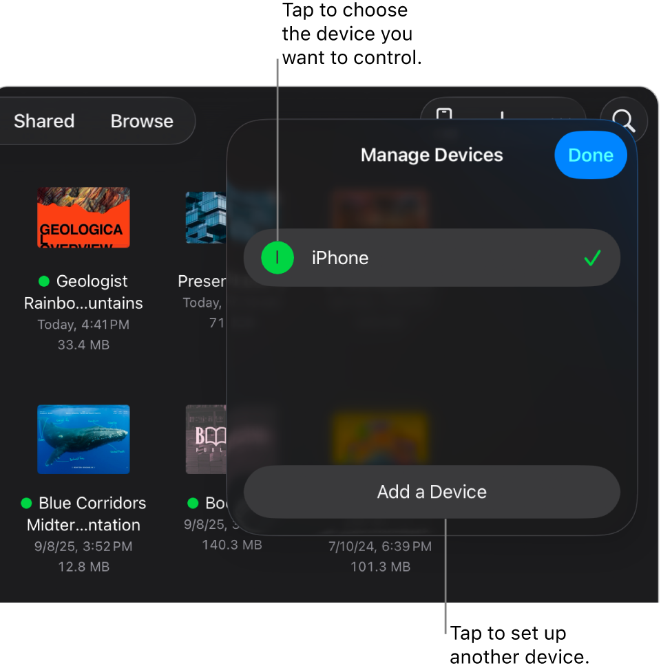 The Manage Devices popover, showing the Add a Device link.