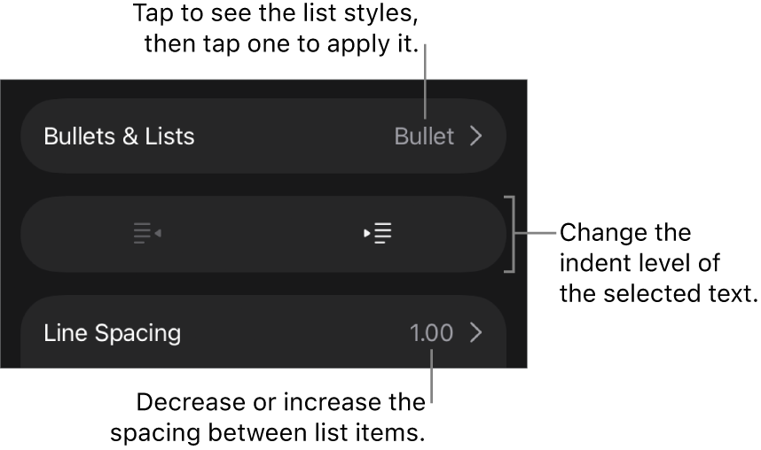The Bullets & Lists section of the Format controls with callouts to Bullets & Lists, outdent and indent buttons, and line spacing controls.