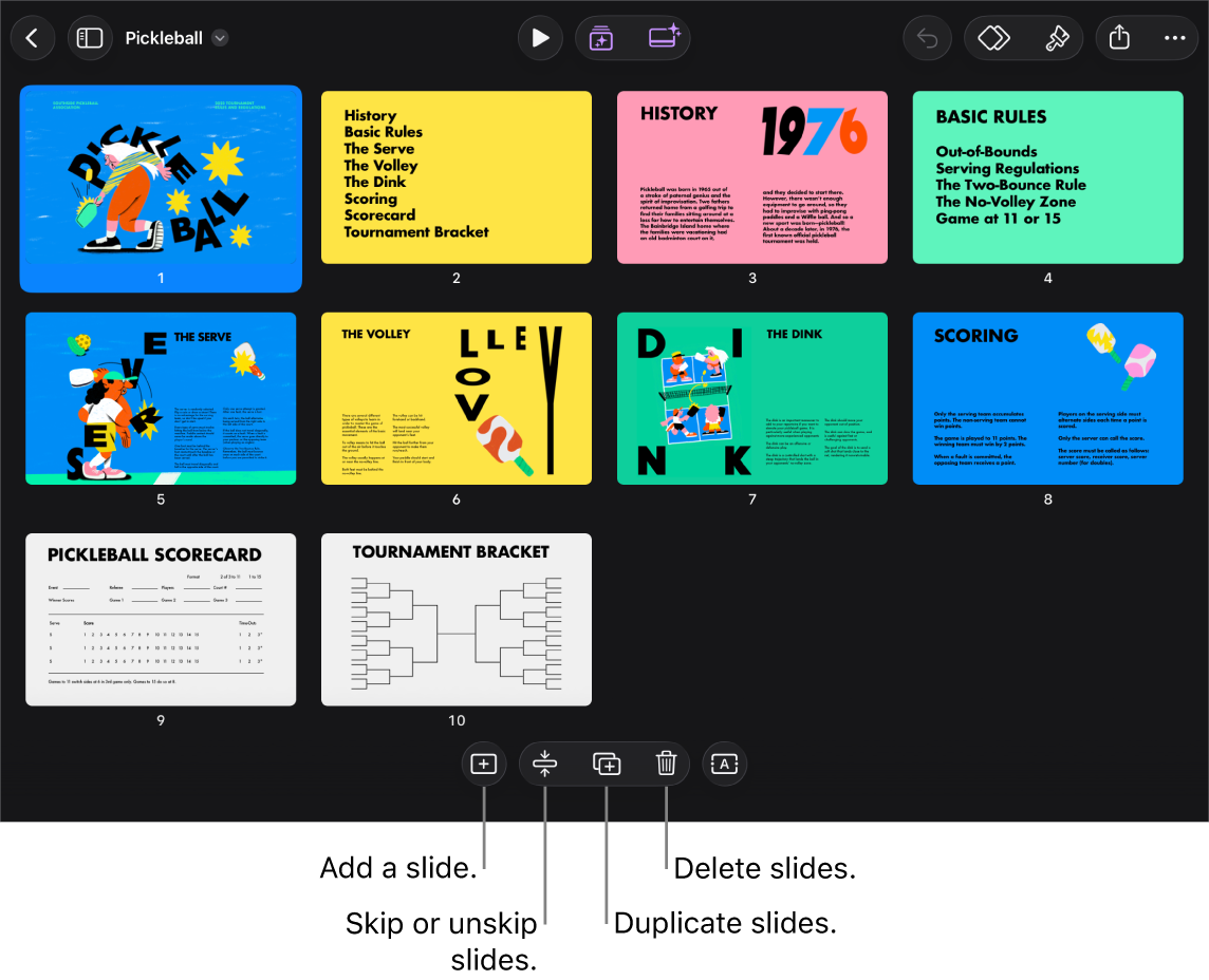 Light table view with buttons at the bottom of the screen for adding, skipping, duplicating, and deleting slides, and for selecting multiple slides.