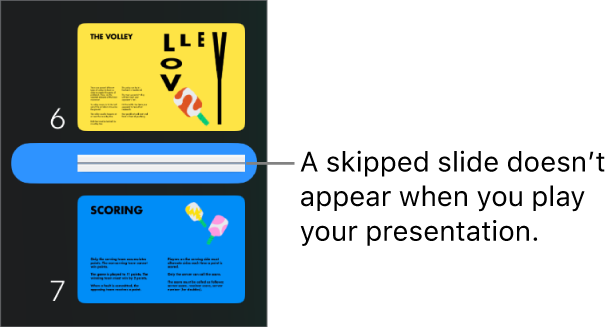The slide navigator with a skipped slide showing as a horizontal line.