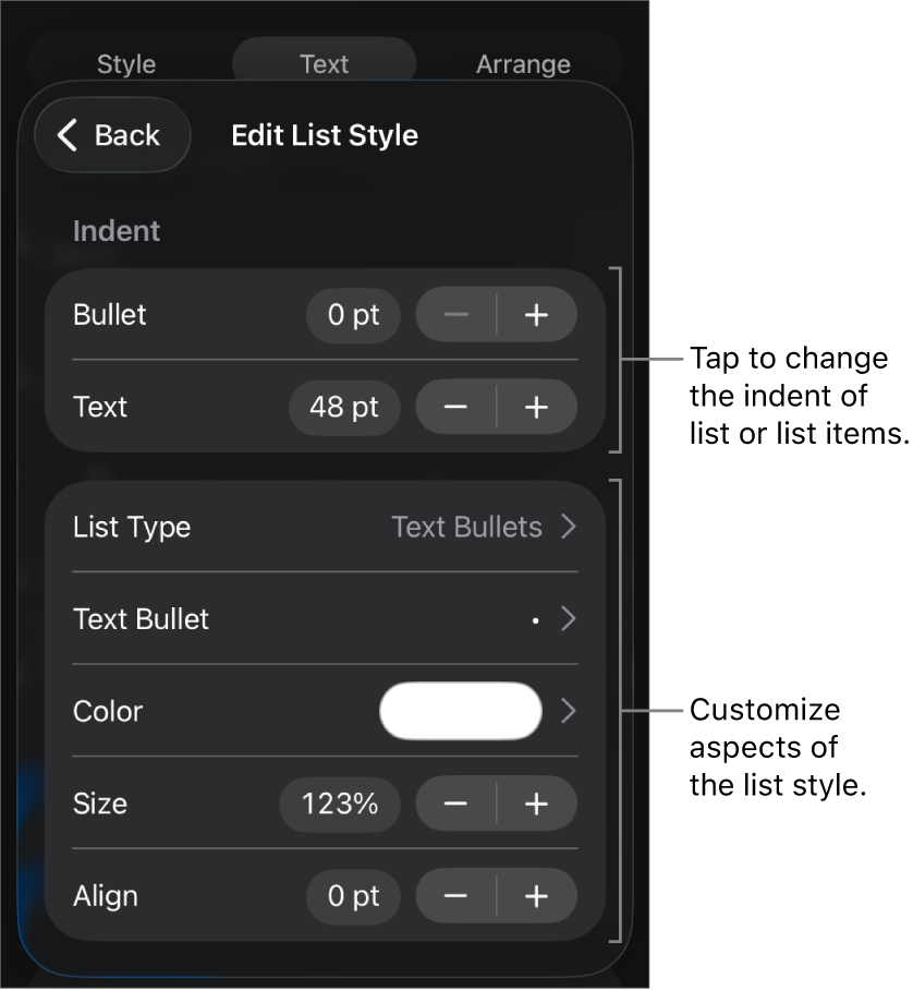 Edit List Style menu with controls for editing the list’s type and appearance.