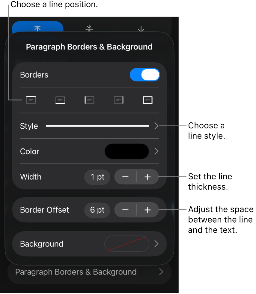 Controls to change the line style, thickness, position, and color.