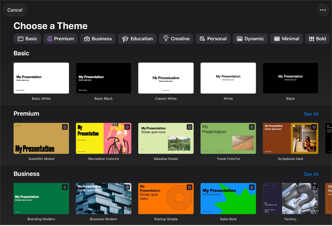 The theme chooser, showing a row of categories across the top that you can tap to filter the options. Below are thumbnails of predesigned themes arranged in rows by category.