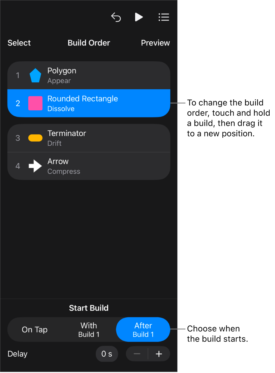 The Build Order list showing build in effects with yellow badges and build out effects with gray badges.