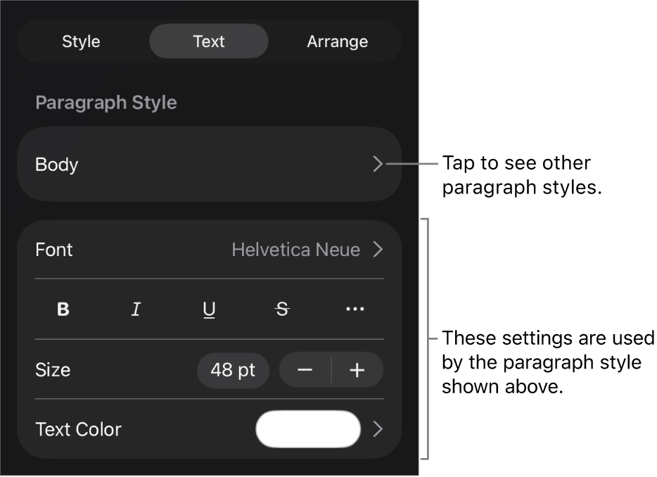 The Format menu showing text controls for setting paragraph and character styles, font, size, and color.