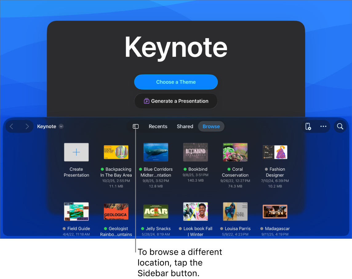 The document manager with buttons to choose a theme and start a presentation from an outline in the top half of the screen, and the document browser with shared presentation in the bottom.
