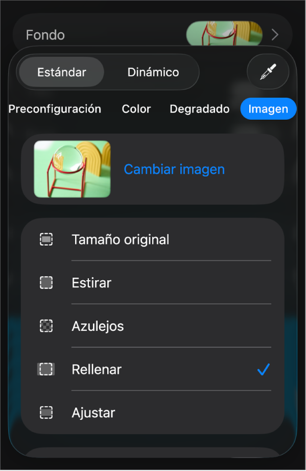 Los controles Fondo con una imagen establecida como fondo de la diapositiva y el control Sobreposición de colores en la parte inferior.