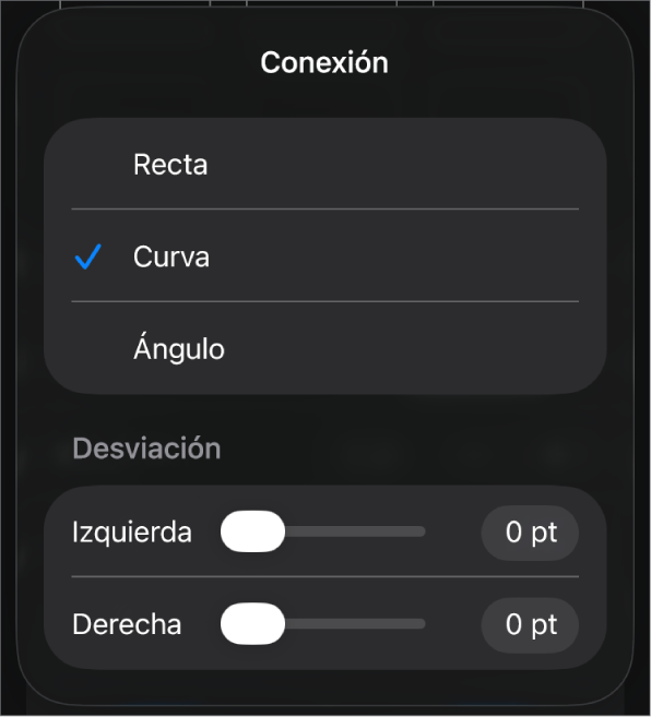 Los controles de Conexión con la opción Curva seleccionada.