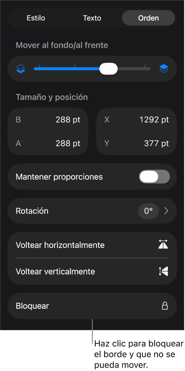 Los controles Disposición del menú Formato con un mensaje en la opción Bloquear.