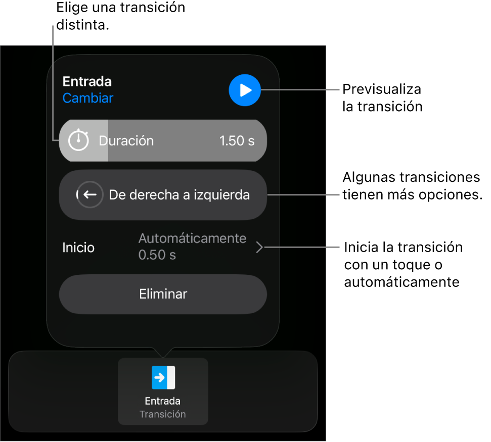 Controles del panel Opciones para modificar una transición.