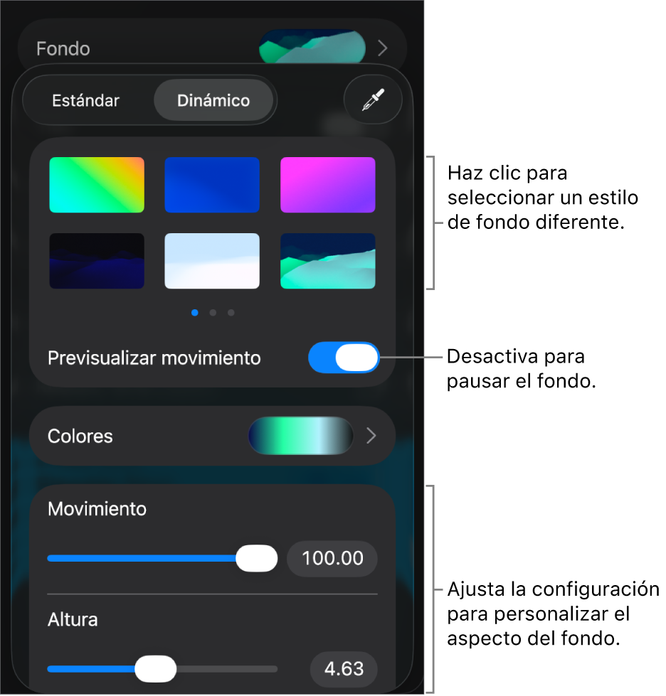 Los controles de fondo dinámico con las miniaturas de estilo de fondo, el botón Previsualizar movimiento y los controles de personalización.