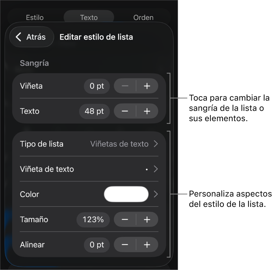 El menú Editar estilo de lista con controles para editar el tipo y aspecto de la lista.