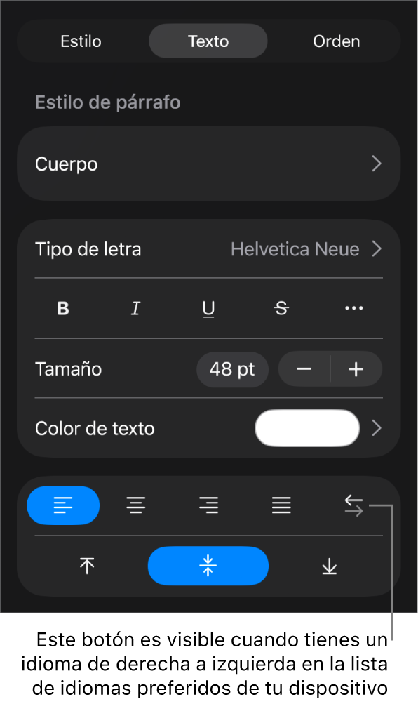 Los controles de texto se encuentran en el menú de Formato, con un mensaje que señala el botón de izquierda a derecha.