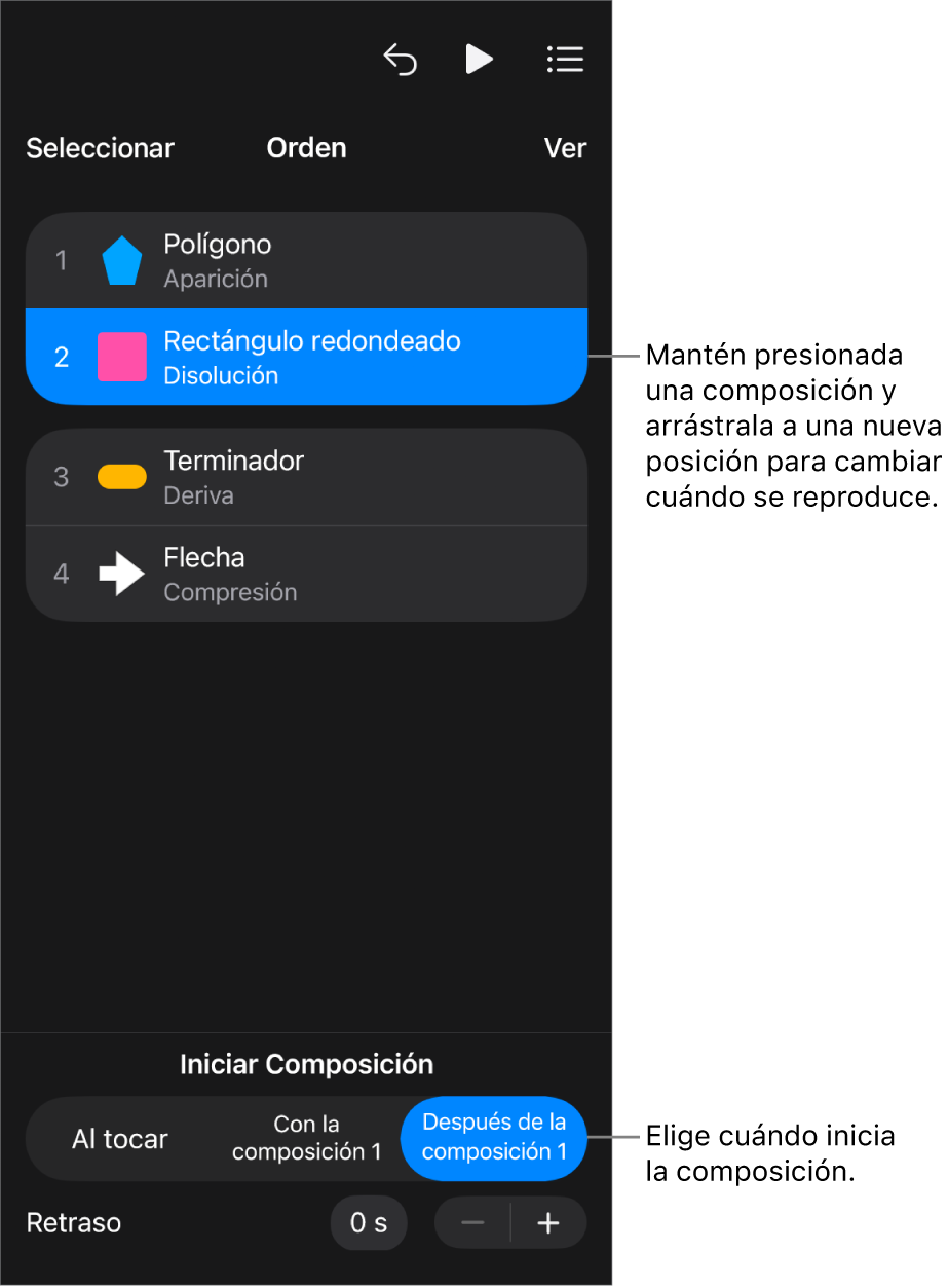 La lista Orden de composición mostrando los efectos de entrada con indicaciones amarillas y los de salida con indicaciones grises.
