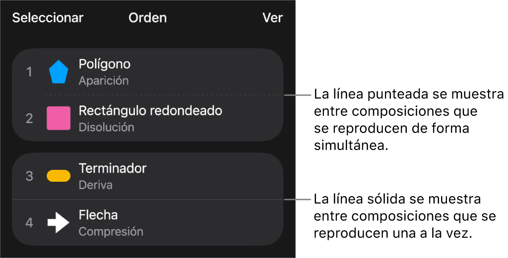 El menú Orden de composición, con una línea de puntos entre las composiciones que se reproducirán simultáneamente y una línea sólida entre las composiciones que se reproducen en orden secuencial.
