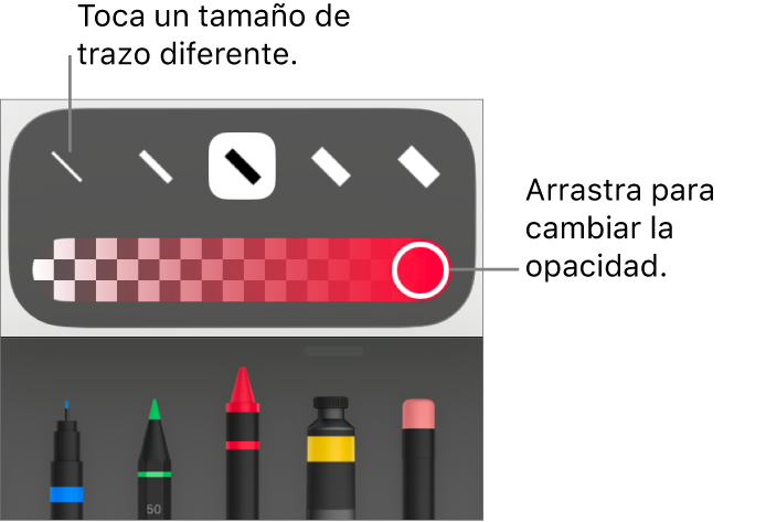 Controles para elegir el tamaño del trazo y selector para ajustar la opacidad.