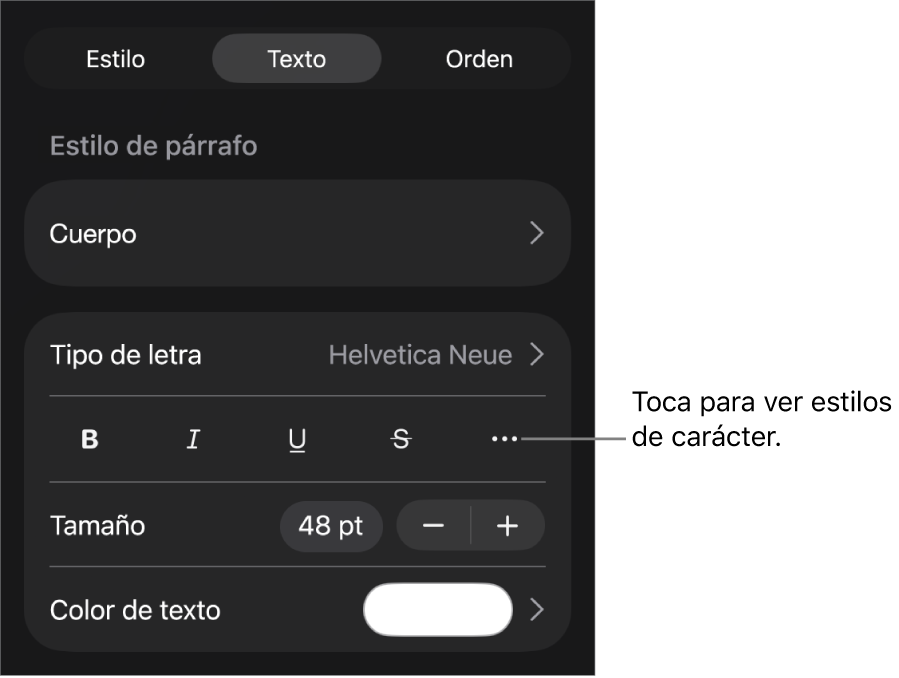Los controles de formato con los estilos de párrafo en la parte superior, seguidos de los controles para Tipo de letra. Debajo de Tipo de letra aparecen los botones Negrita, Cursiva, Subrayado, Tachado y Más opciones de texto.