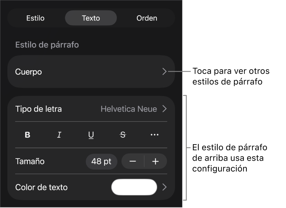 El menú Formato mostrando los controles de texto para configurar los estilos de párrafo y carácter, tipo de letra, tamaño y color.