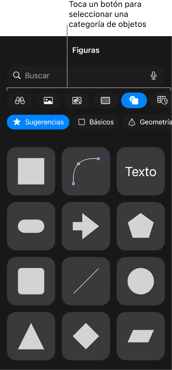 Los controles para agregar un objeto, con botones en la parte superior para seleccionar tablas, gráficas, figuras (líneas y cuadros de texto incluidos) y contenidos.