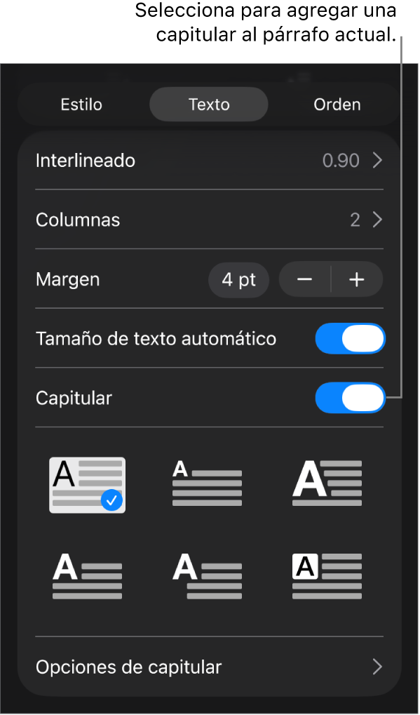 Los controles de letra capitular en el menú Texto.