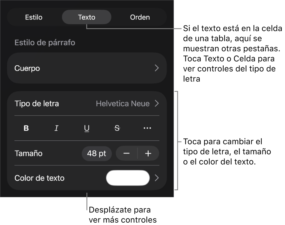 Controles de texto en el menú Formato para configurar los estilos de párrafo y carácter, tipo de letra, tamaño y color.