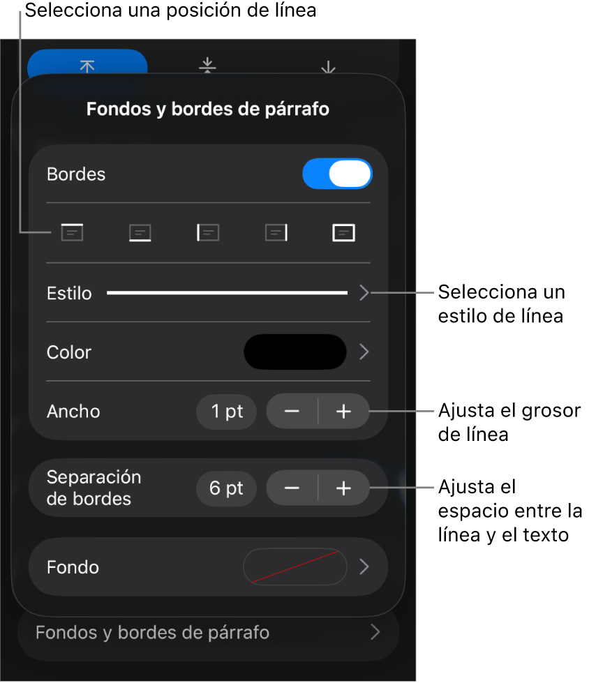 Controles para cambiar el estilo de línea, grosor, posición y color.