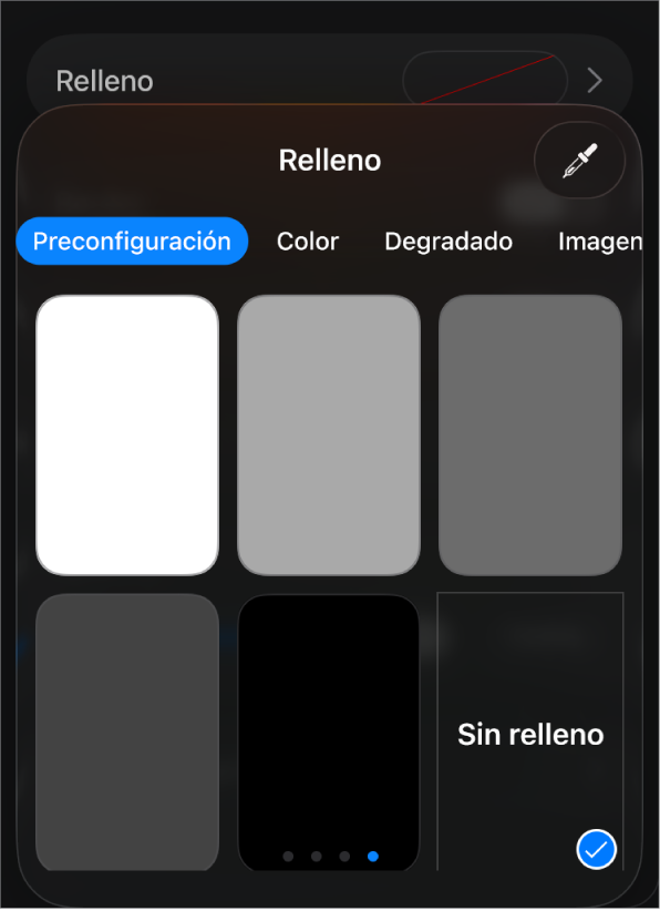 Los controles Relleno con la opción Sin Relleno seleccionada.