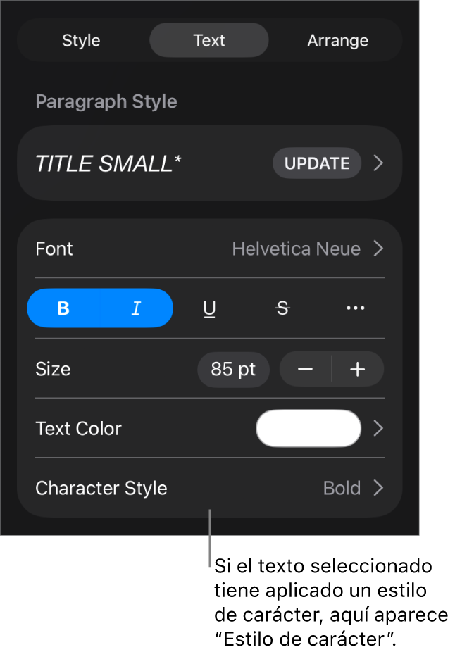 Los controles de formato de texto con “Estilos de carácter” debajo de los controles de color. El estilo de carácter Ninguno aparece con un asterisco.