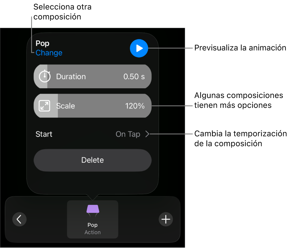 Las opciones de composición incluyen los tiempos de Duración e Inicio. Toca Cambiar para seleccionar otra composición o toca Previsualización para previsualizar la composición.