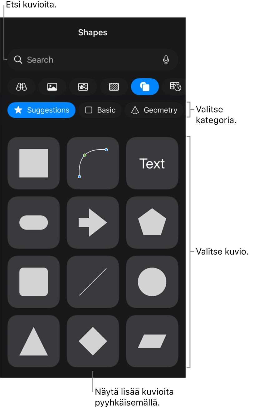 Kuviokirjasto, jossa näkyy yläreunassa kategorioita ja alla kuvioita. Voit etsiä kuvioita yläreunassa olevan hakukentän avulla ja näyttää niitä lisää pyyhkäisemällä.