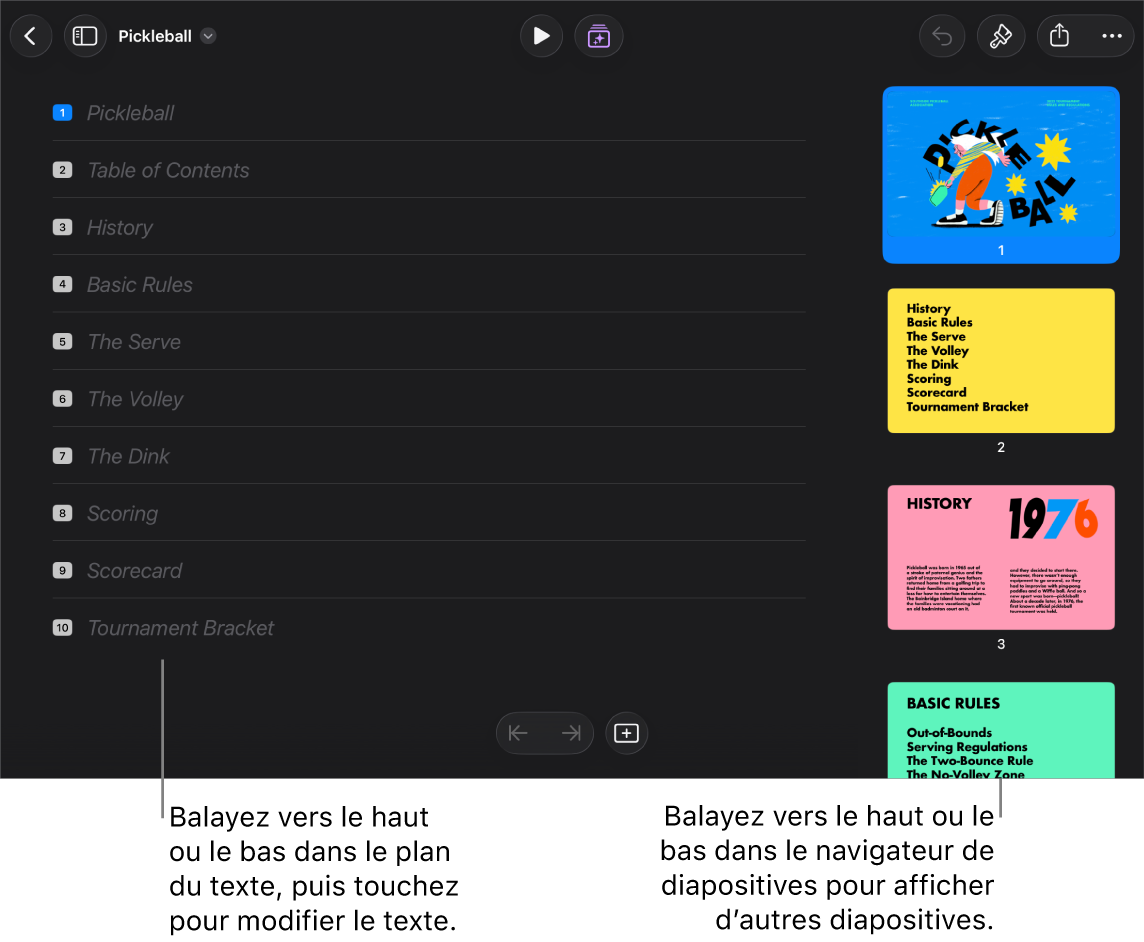 Le mode Structure avec la structure du texte sur le côté gauche de l’écran et le navigateur de diapositives vertical sur le côté droit.