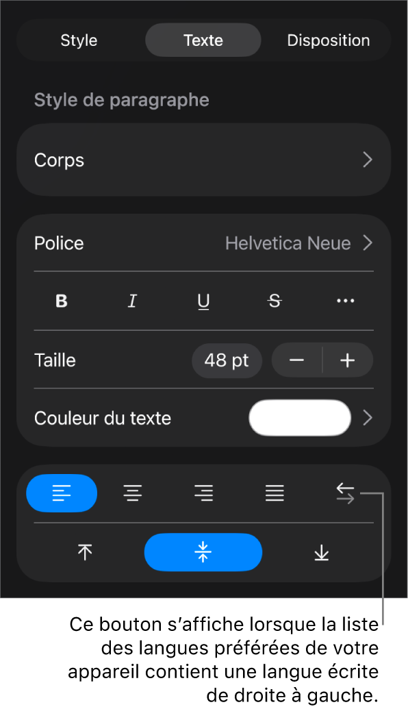 Les commandes de texte dans le menu Format avec une légende vers le bouton « De gauche à droite ».