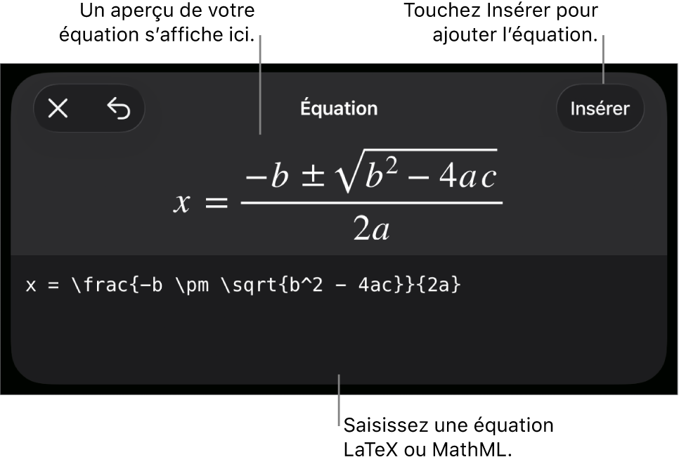 Zone de dialogue Équation, affichant une équation composée à l’aide des commandes MathML, et un aperçu de la formule au-dessus.
