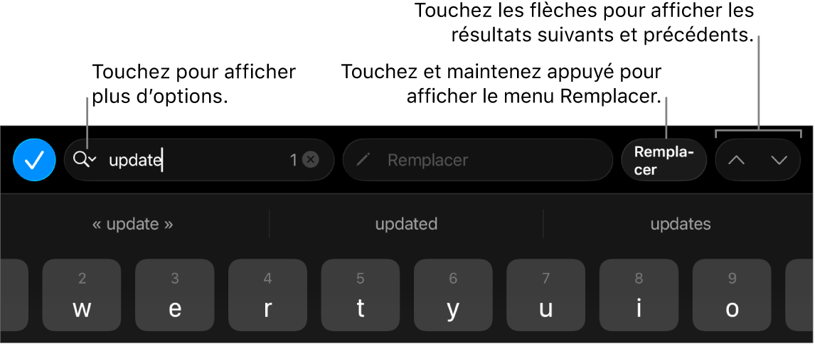 Les commandes « Rechercher et remplacer » au-dessus du clavier avec des légendes pour les boutons « Options de recherche », Remplacer, Monter et Descendre.
