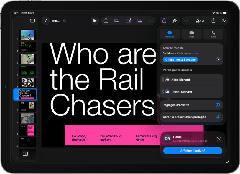 Le menu de collaboration affichant le nom des personnes qui collaborent sur la présentation.