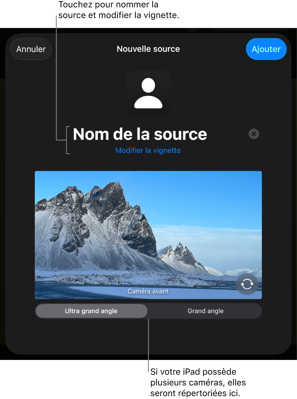 La fenêtre Nouvelle source, avec des commandes pour modifier le nom et la vignette de la source au-dessus d’un aperçu en direct de l’appareil photo. Si votre iPad possède plusieurs appareils photo arrière, des boutons pour les sélectionner apparaissent au bas de l’écran.
