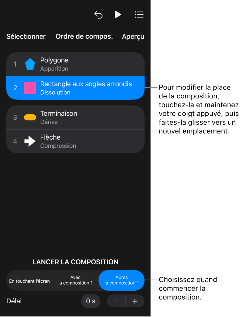 Liste Ordre de composition affichant les effets d’entrée avec des pastilles jaunes et les effets de sortie avec des pastilles grises.