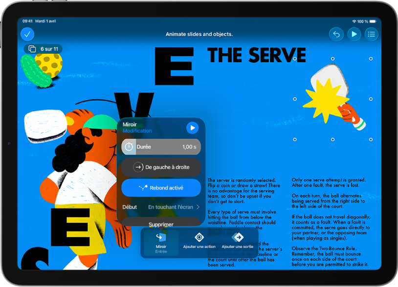 Les commandes d’animation pour l’image sélectionnée dans la diapositive. Au bas de l’écran se trouvent les commandes pour l’effet Entrée en cours d’utilisation.