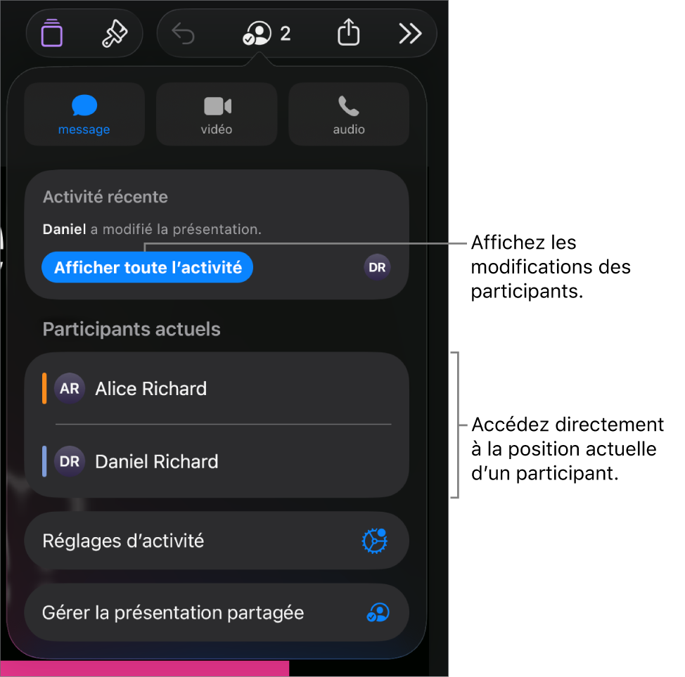 Le menu de collaboration répertoriant les participants actifs.