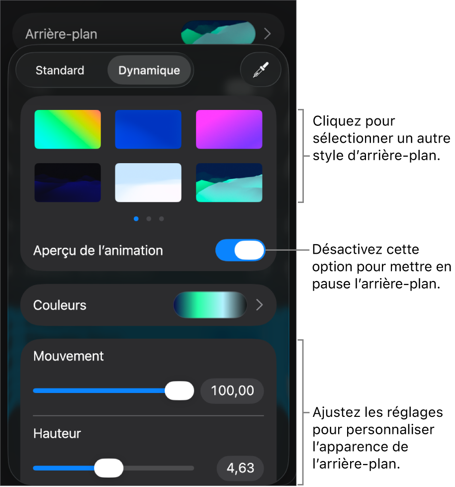 Les commandes liées aux arrière-plans dynamiques avec les vignettes des styles d’arrière-plans, le bouton Prévisualiser le mouvement et les commandes de personnalisation affichés.