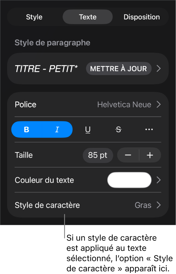 Commandes de mise en forme de texte avec Style de caractère au-dessous des commandes de couleur. Le style de caractère Aucun s’affiche avec un astérisque.