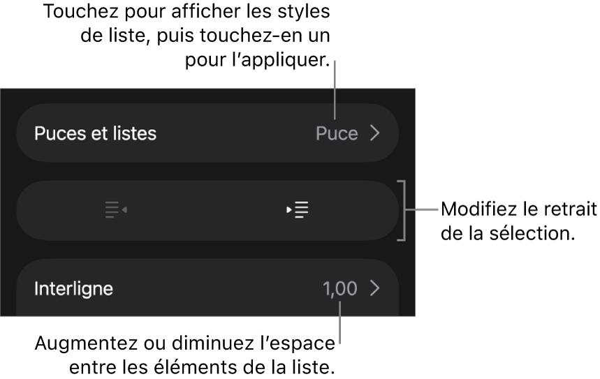 La section « Puces et listes » des commandes Format avec des légendes pour « Puces et listes », les boutons d’indentation et de suppression d’indentation et les commandes d’espacement entre les lignes.