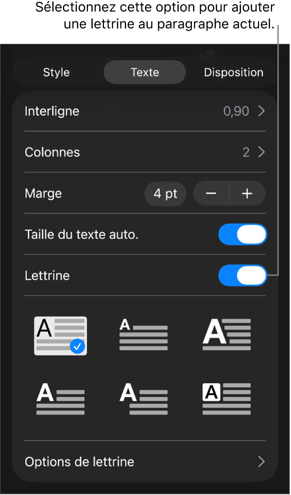Les commandes Lettrine situées dans le menu Texte.